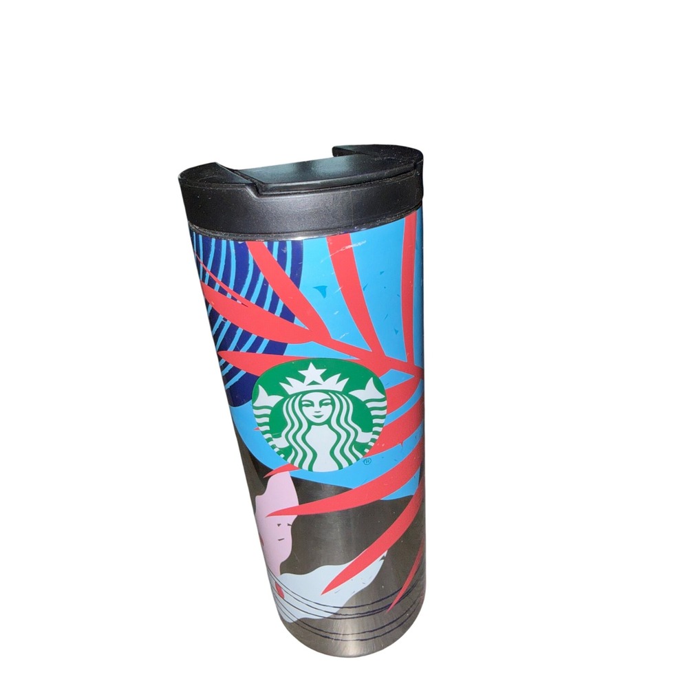 Starbucks 16oz Stainless Steel Travel Tumbler Tropical Leaf Blue Red Pink Logo